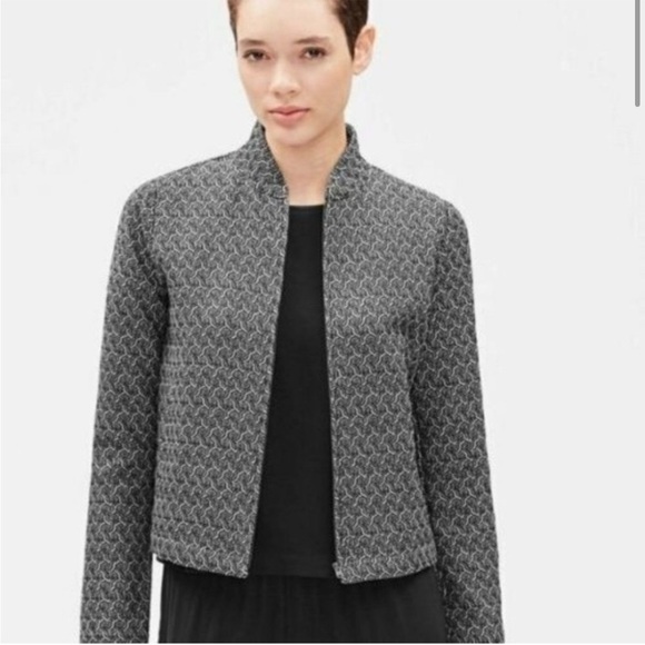 Eileen Fisher Women’s tweed mandarin collar black cream geometric zip jacket - Picture 2 of 6